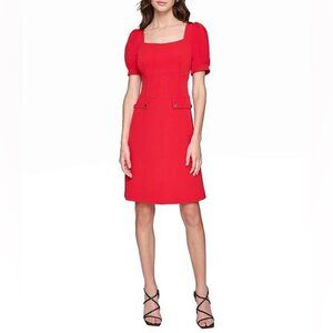 Karl Lagerfeld Paris Crepe Square Neck Short Puff Sleeve Dress Red NWT